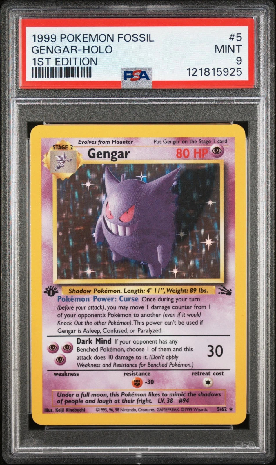 PSA 9 Gengar 1st Edition Fossil Holo Rare Pokémon Card #5 Mint Clean Look