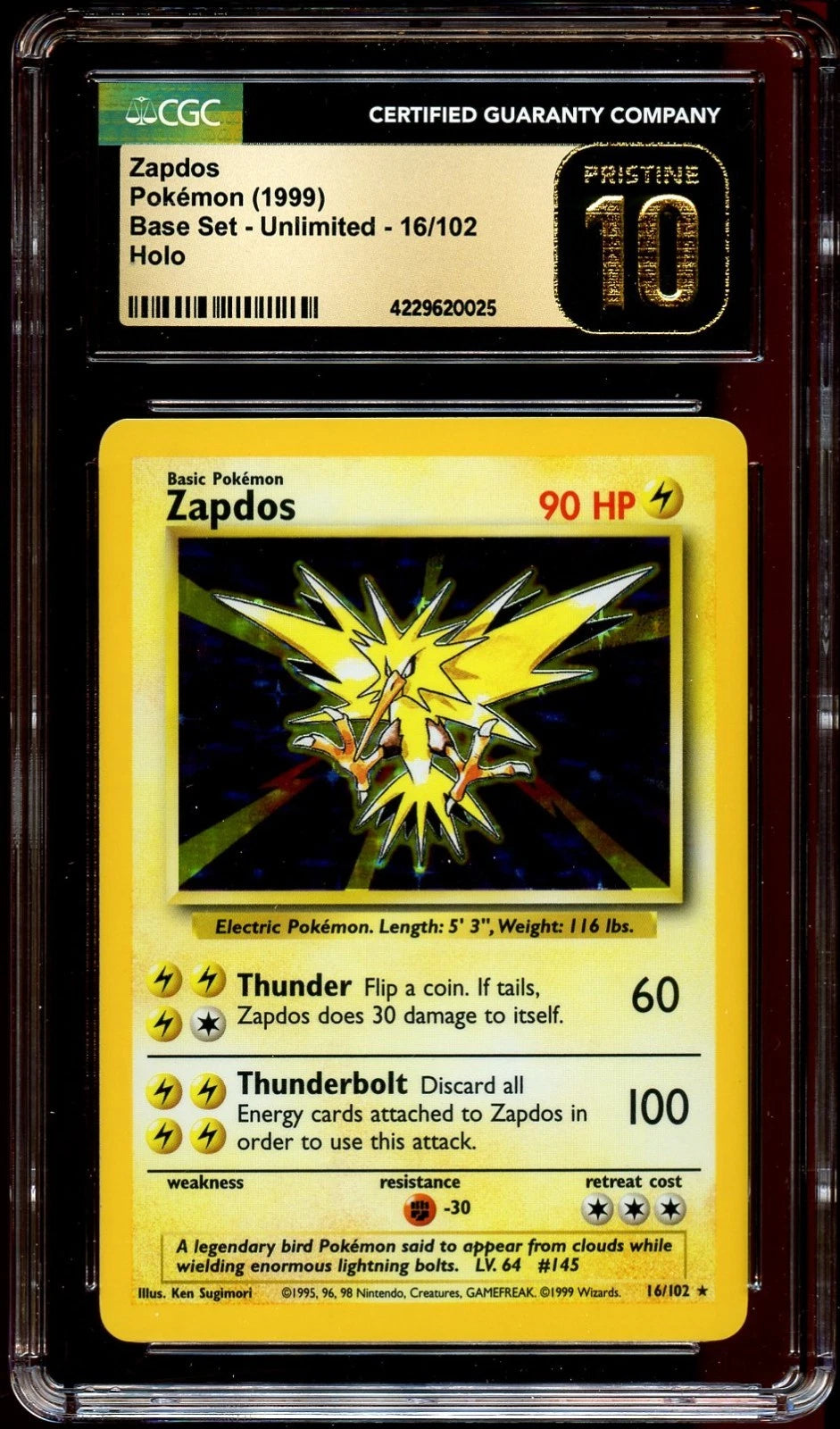 CGC 10 PRISTINE Zapdos 16102 HOLO RARE Base Set Pokemon Card 025